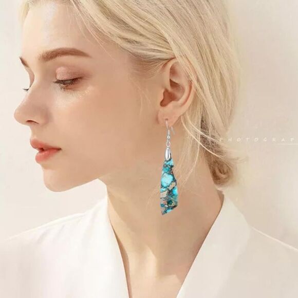 18K White Gold with Natural Imperial Blue Jasper Stone Dangling Hook Earrings - Picture 4 of 5